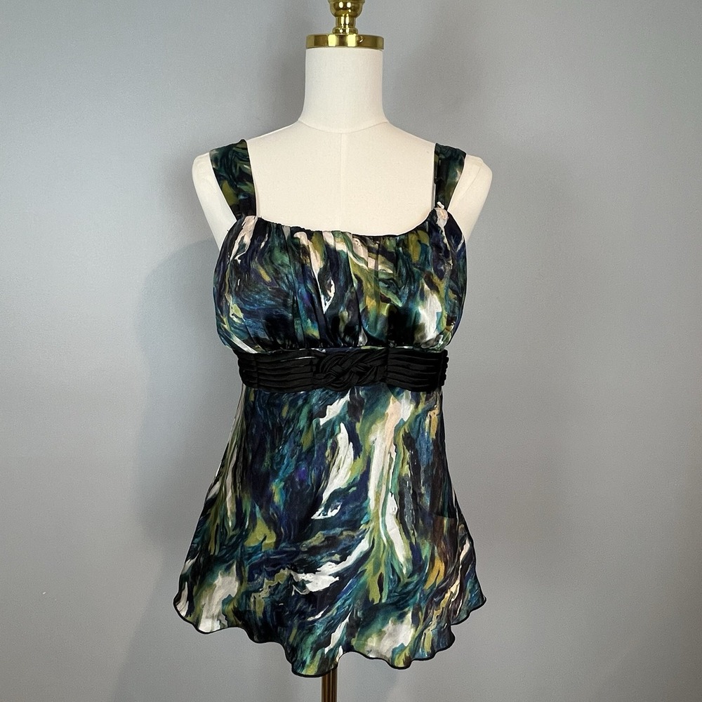B Wear Y2K Satin Cami Empire Waist Top Womens Size Large Blue Green Tie Around